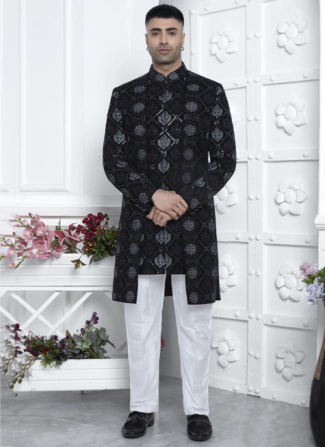 Art Silk Black Wedding Wear Pattern Pc Readymade Sherwani